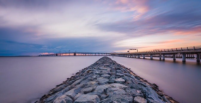 Chesapeake Bay Bridge viewed from a stone jetty near Annapolis, Maryland